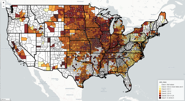 Map showing odds of having a drought-related claim for corn during D1 drought or worse during the months of the growing season.