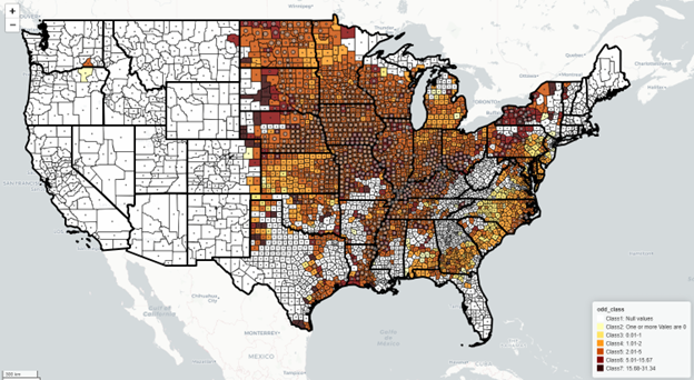 Map showing the odds that there will be a claim for soy during drought, when drought is defined as D0 or worse