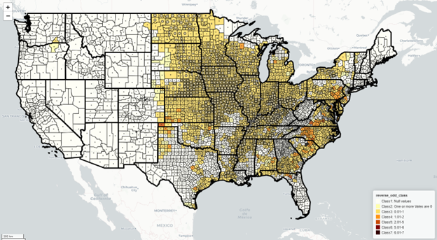 Map showing the reverse odds ratio for soy, the odds that there will be a claim when there is no drought, with drought defined as D0 or worse.