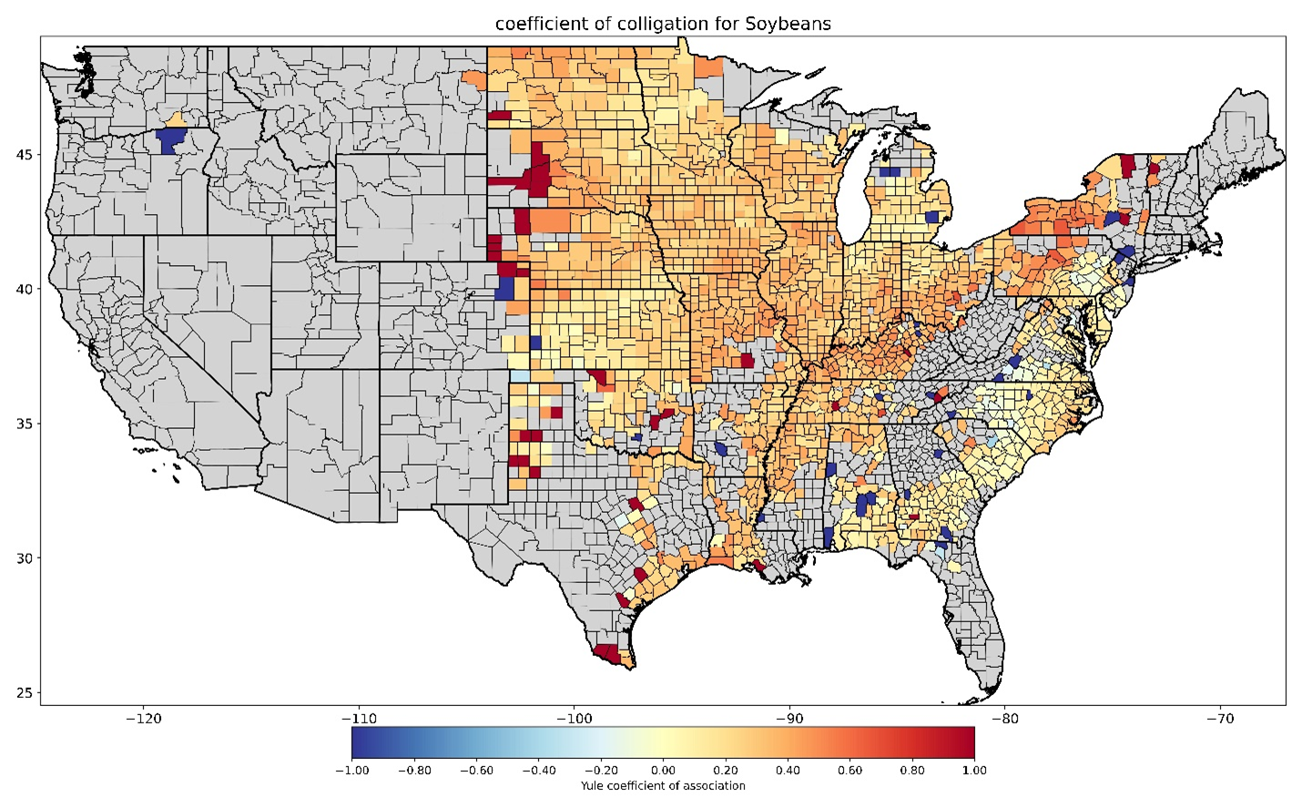 Map showing Yule’s coefficient of colligation for soybeans.